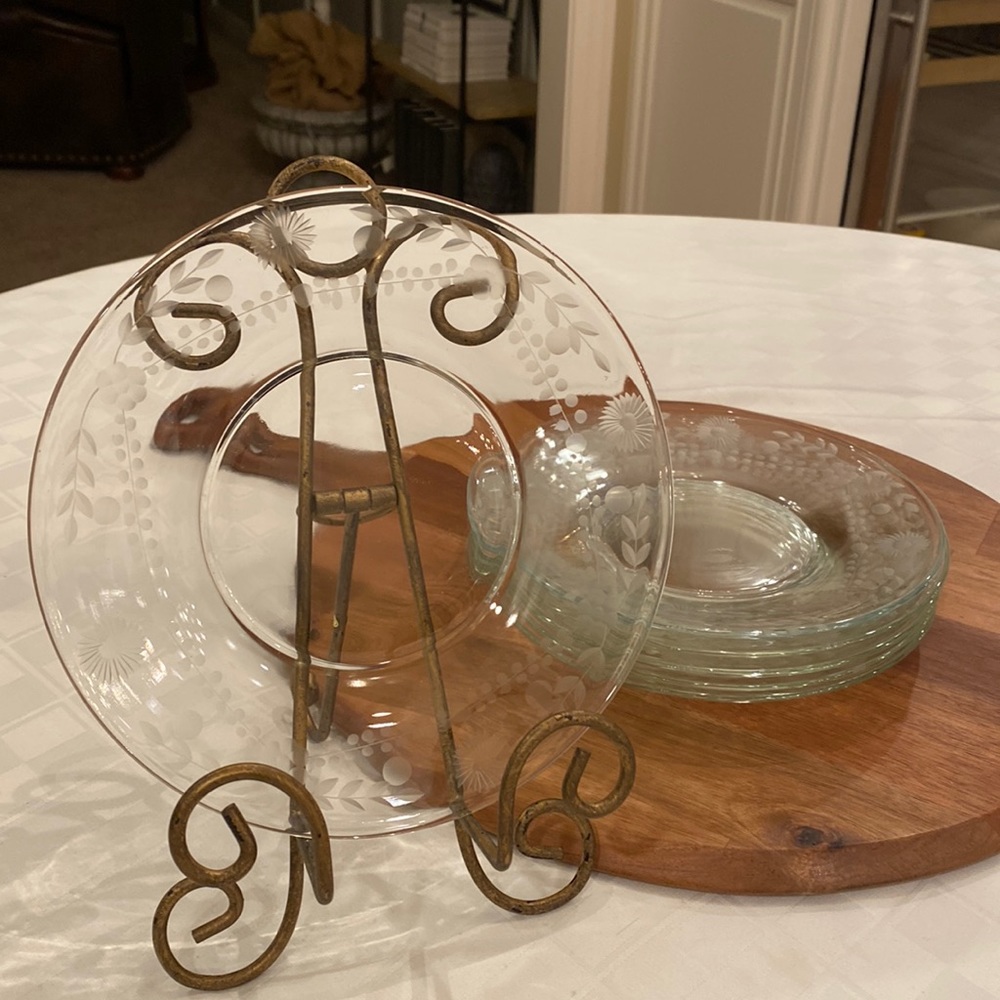 Set of 6 Vintage etched glass salad plates.
